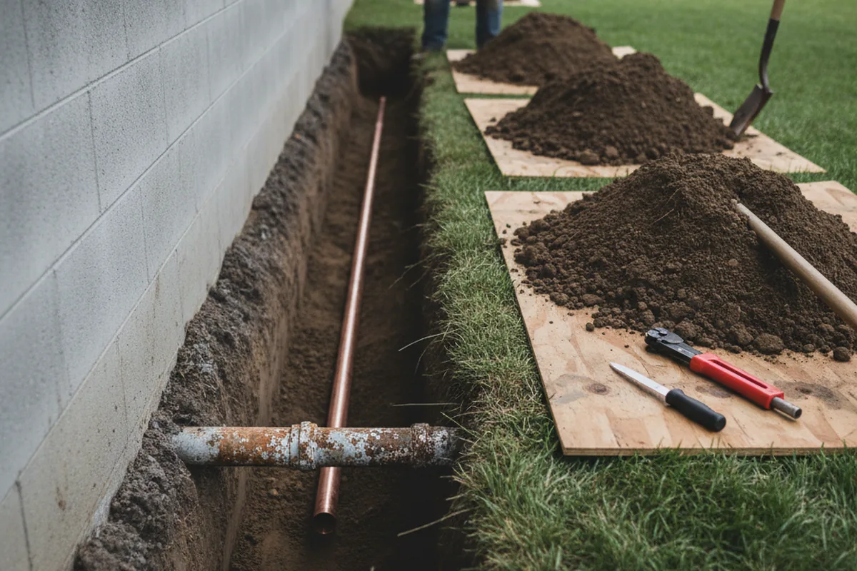 Excavated water line trench during Water Softener Installation in Sullivans Island